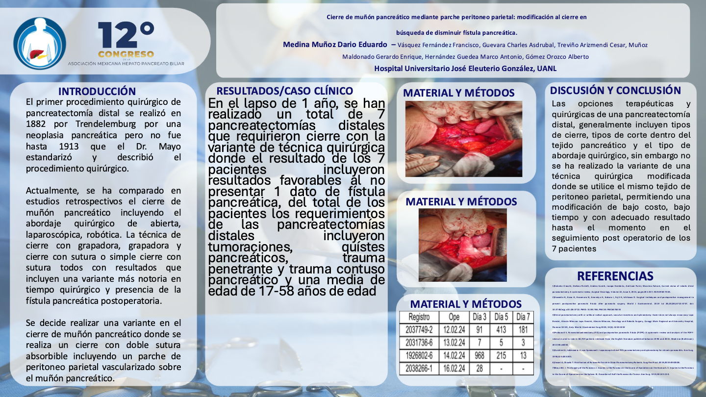 Póster de Cierre de muñón pancreático mediante parche peritoneo parietal: modificación al cierre en búsqueda de disminuir fístula pancreática.