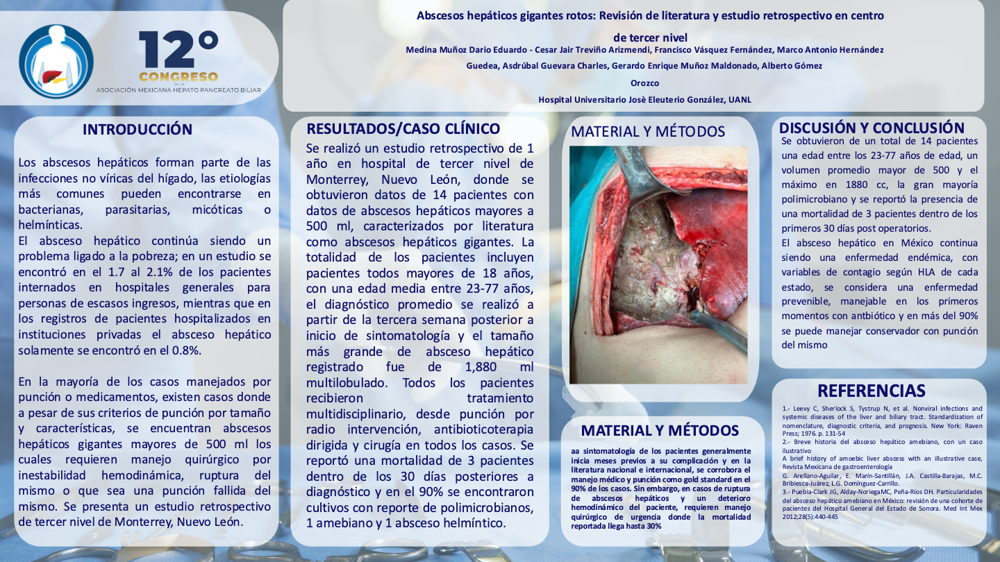 Póster de Abscesos hepáticos gigantes rotos: Revisión de literatura y estudio retrospectivo en centro de tercer nivel.