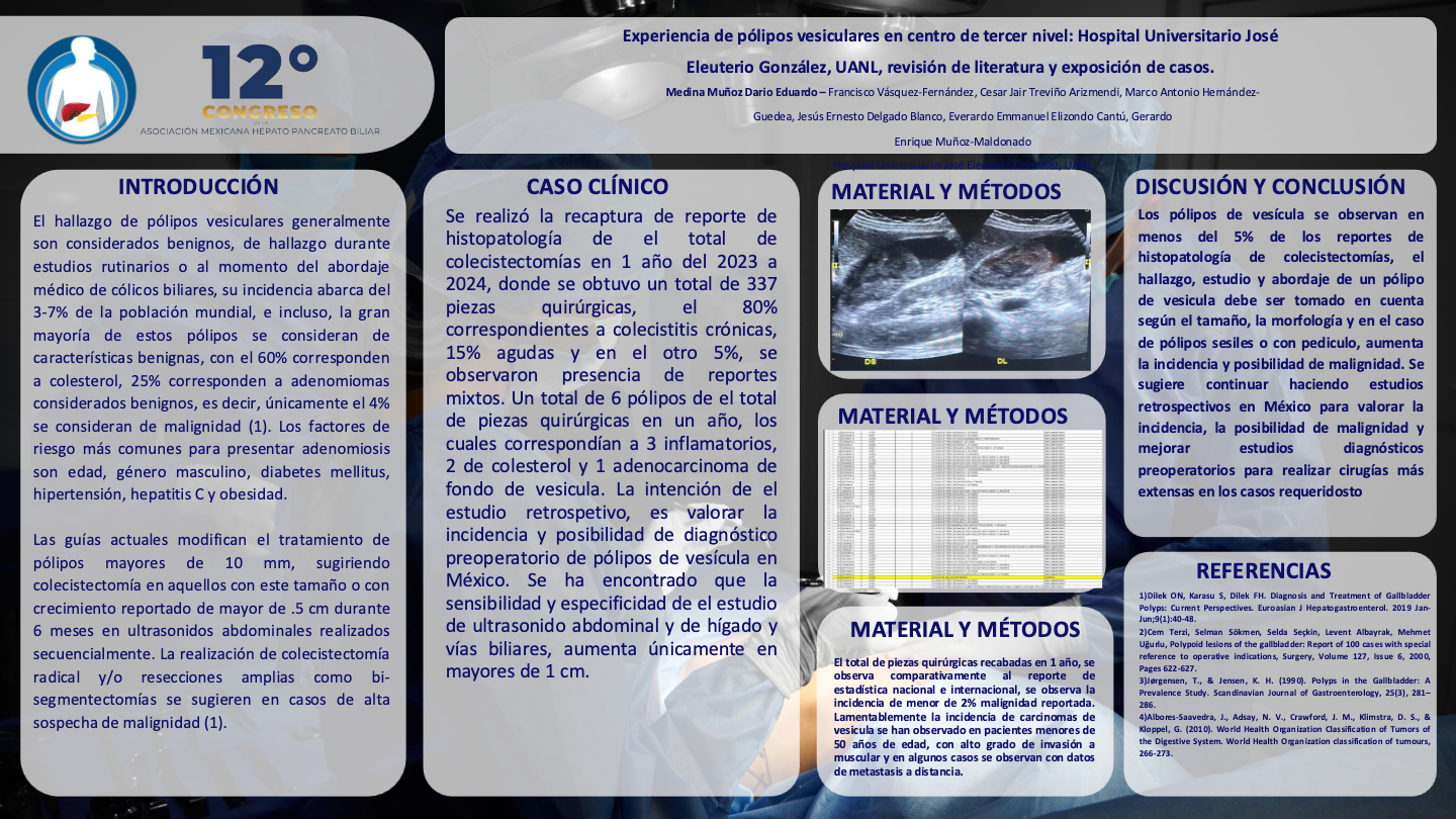 Póster de Experiencia de pólipos vesiculares en centro de tercer nivel: Hospital Universitario José Eleuterio González, UANL, revisión de literatura y exposición de casos.