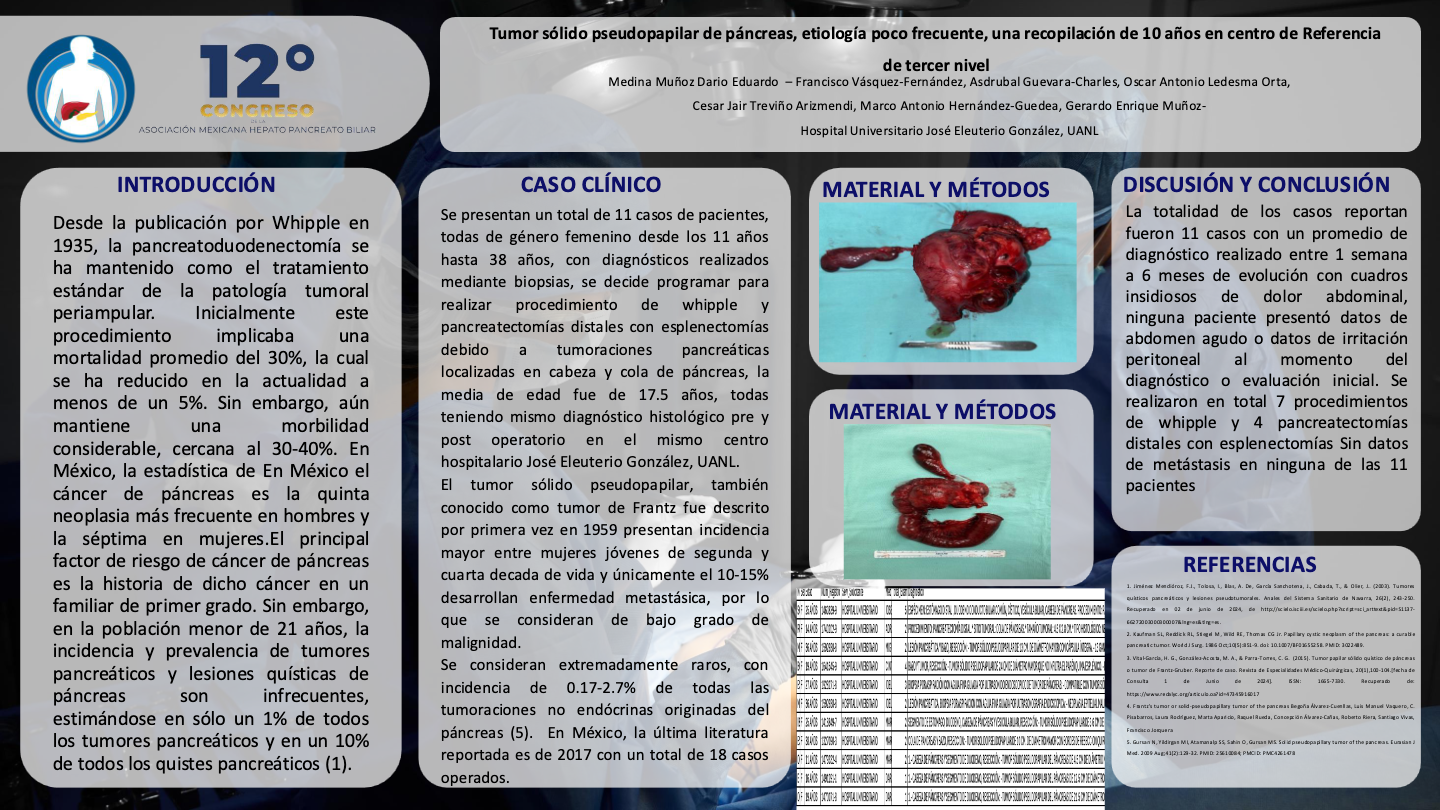 Póster de Tumor sólido pseudopapilar de páncreas, etiología poco frecuente una recopilación de casos en 10 años en centro de referencia de tercer nivel.