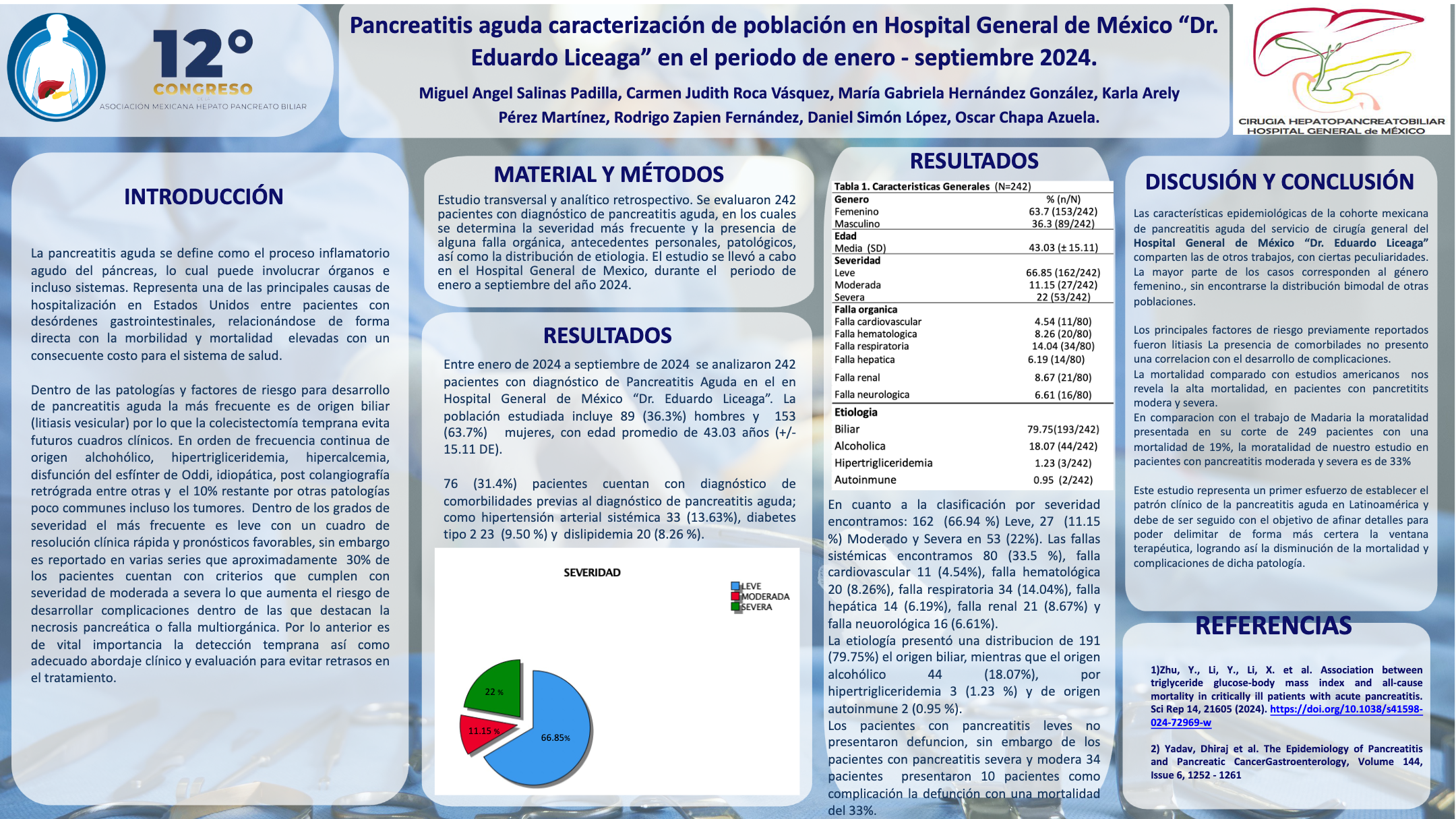 Póster de Pancreatitis aguda caracterización de población en Hospital General de México “Dr. Eduardo Liceaga” en el periodo de enero- septiembre 2024.